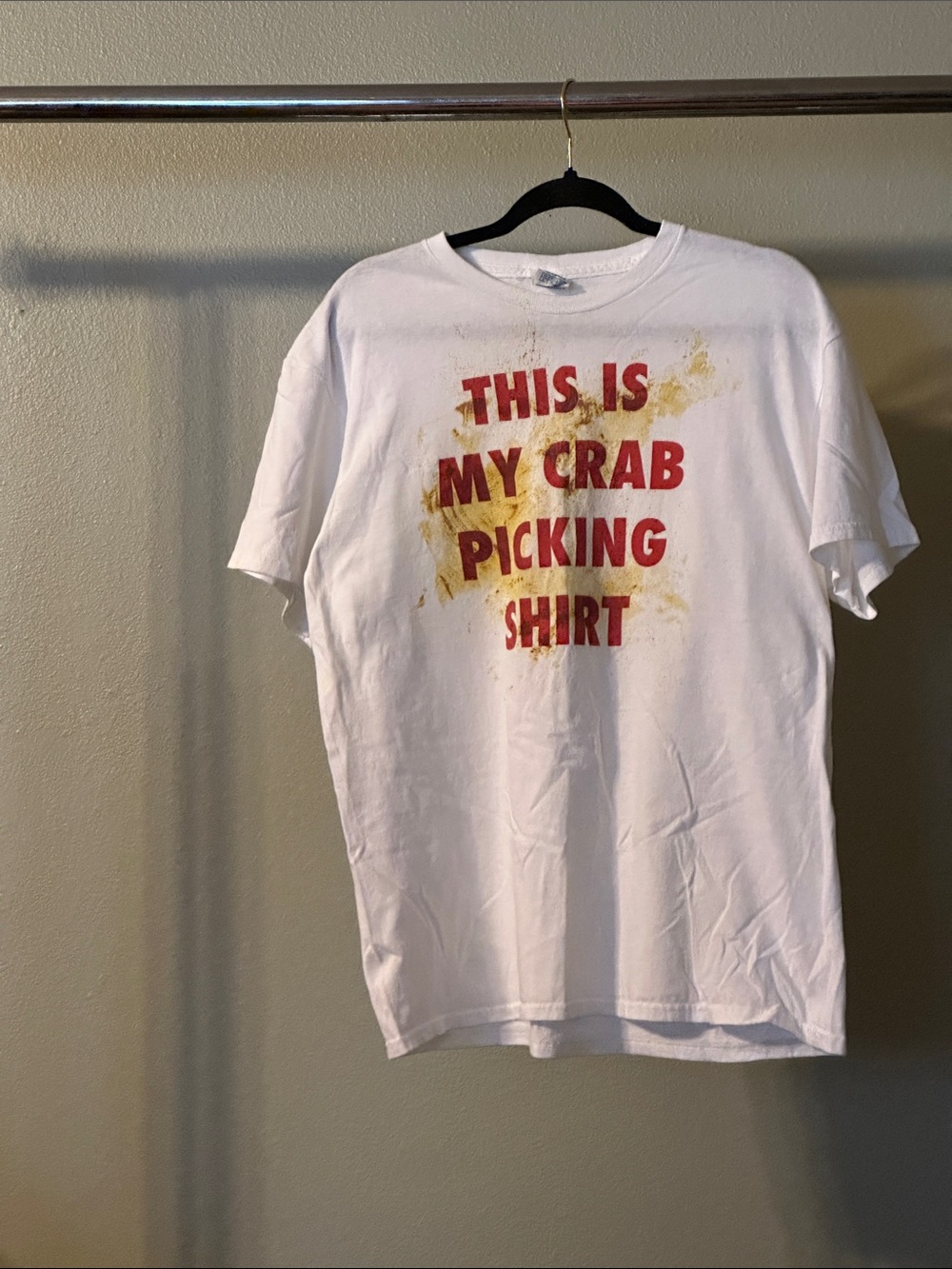 Delta White Short Sleeve Tee with Red 'This Is My Crab Picking Shirt' Print